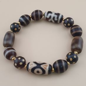 Vintage Himalayan Tibetan Dzi Agate Beads 2-Eyes Bracelet with Dotted Quartz