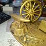 Beautiful Rare Large Heavy Brass Blacksmith Figurine a Wheelwright Scene. It features a Blacksmith Mending a Large Wagon Wheel next to an Anvil, Tools, and a Block, Postage Available, Image 2