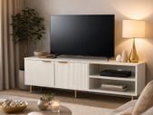 Modern White TV Unit 150cm Ribbed Doors Gold Legs Storage Cabinet