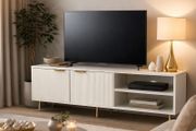 Modern White TV Unit 150cm Ribbed Doors Gold Legs Storage Cabinet