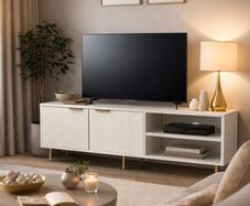 Modern White TV Unit 150cm Ribbed Doors Gold Legs Storage Cabinet