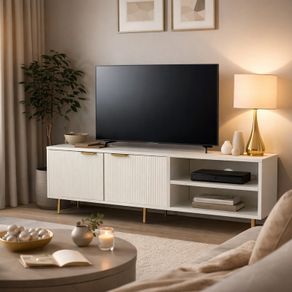Modern White TV Unit 150cm Ribbed Doors Gold Legs Storage Cabinet