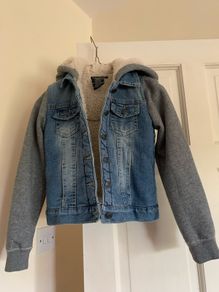 Boys Denim jacket x 2 - fleece inside jacket & hood with grey sweater sleeves