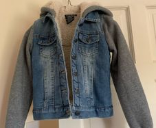 Boys Denim jacket x 2 - fleece inside jacket & hood with grey sweater sleeves