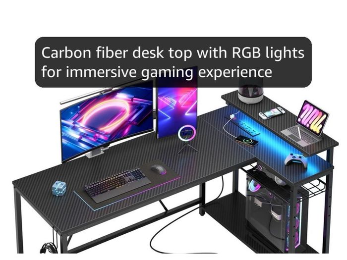 147CM L-Shaped Gaming Desk with RGB Lights & Power Outlets