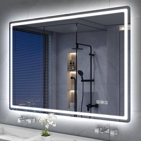 Bluetooth-Bathroom-Mirror-with-LED-Lights 1000x700mm, LED-Bathroom-Mirror with Defogging Mat, 3000K-6500K, Dimmable, Memory, HD Tempered Glass, IP44 Waterproof,