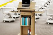Rolling Podium Stand, Lectern with Folding Side Wings, Laptop Table with Drawer and Shelves, Oak Finish