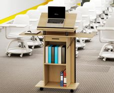 Rolling Podium Stand, Lectern with Folding Side Wings, Laptop Table with Drawer and Shelves, Oak Finish