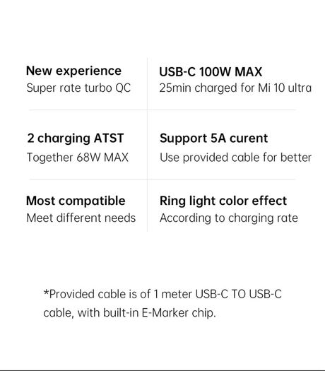 Xiaomi Mi 100W PD/PPS/QC4.0 Dual USB Mobile/Tab/Laptop Super Fast Car Charger + 1M USB-C PD 100W Charging Cable (Brand New/Warranty)