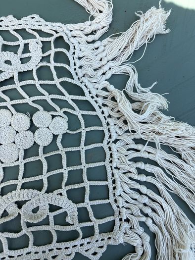 Vintage French Crochet Table Runner with fringe each end