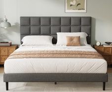 Double Bed Frame, Easy Assembly, Sturdy Wooden Slat Support, Upholstered Platform with Headboard, No Box Spring Needed, Gray Double Bed 135x190