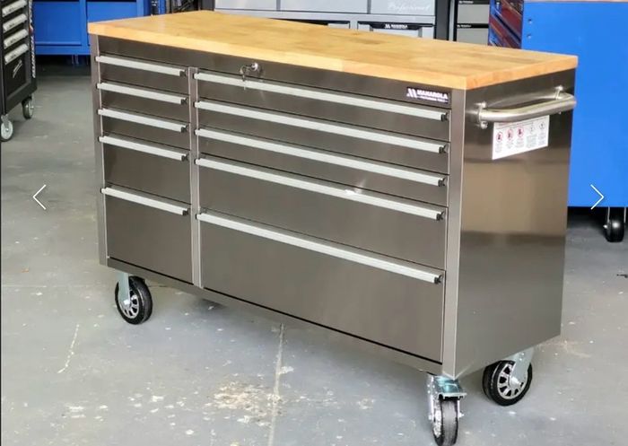 Brand New Manarola 10 drawer Stainless Steel Tool Chest With Solid Oak Wooden Work Top