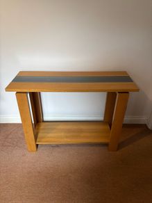 Solid wood wall table with leather and glass insert detail