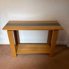 Solid wood wall table with leather and glass insert detail