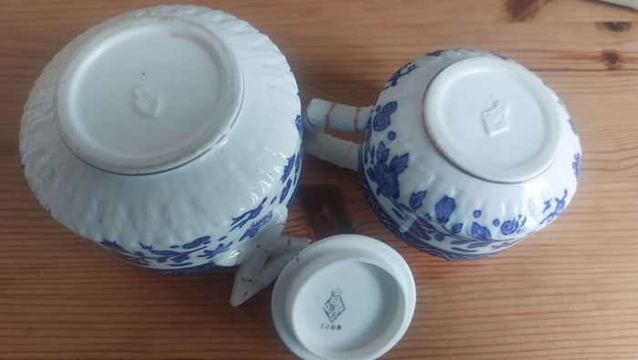 Exquisite Rare Beautifully Shaped and Patterned Blue & White Antique Milk Creamer and Matching Lidded Sugar Bowl by Edwin James Drew Bodley, in the Worchester Pattern Registered 1876, Circa 1875 - 1892