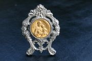 Vintage Embossed silvered Metal Brooch Plaque Stand Golden Medallion Art religious Circa1950s 3"