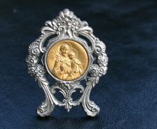 Vintage Embossed silvered Metal Brooch Plaque Stand Golden Medallion Art religious Circa1950s 3"