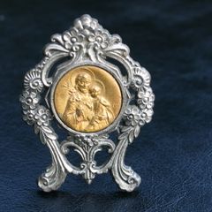 Vintage Embossed silvered Metal Brooch Plaque Stand Golden Medallion Art religious Circa1950s 3"