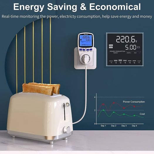 Maxcio Power Meter Energy Monitor Dual Tariff with Backlight LCD Display UK Plug, Upgrade Electricity Usage Monitor Consumption Analyzer Voltage Amp Watt KWH Outlet Power Meter Socket for Home/Office