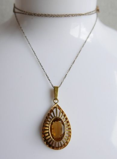 Vintage Citrine Paste Gold Plate Pendant Chain Necklace length 22"