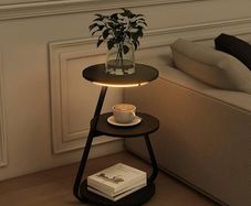 Side Table, Small Round Coffee Table with 3 Color LED Lights, End Table with 3 Tier Storage Shelves, Bedside Sofa Side Tables for Living Room Bedroom, Black