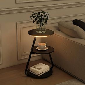 Side Table, Small Round Coffee Table with 3 Color LED Lights, End Table with 3 Tier Storage Shelves, Bedside Sofa Side Tables for Living Room Bedroom, Black
