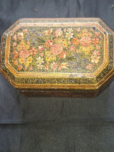 Antique 19th Century Kashmiri Lacquered Papier Mache box featuring ornate floral and bird motifs