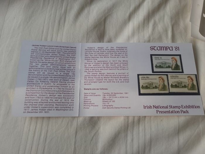 Very rare - Joint Irish and USA release of James Hoban stamp 1981 presentation pack limited edition 3 stamp pack