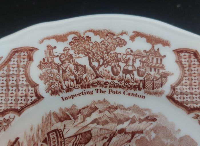 Vintage Set of Six Brown and White Fair Winds, Historical Scenes of Chinese Export to America - "The George Washington at Anchor" Salad Plates by Alfred Meakin