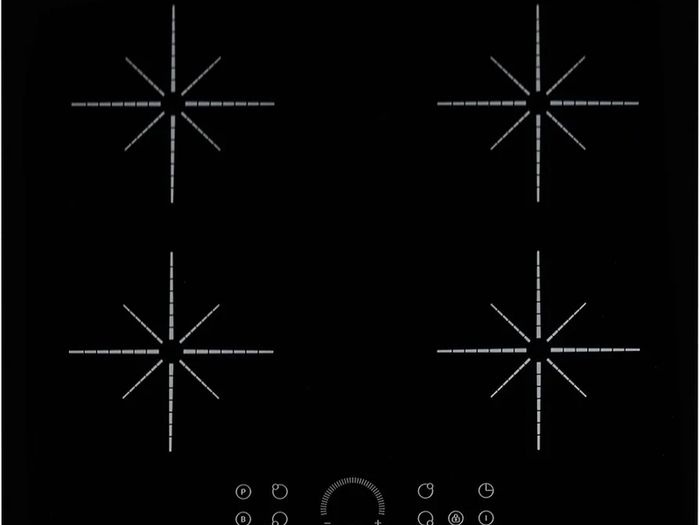 Induction Hob 60cm, 4 Zone Electric Cooktop, 7000W Built In Hob, Hardwired Installation No Plug, Touch Control, Booster, Timer, Child Lock, Auto Shut-Off, Black Glass  Star Burst Zone Design