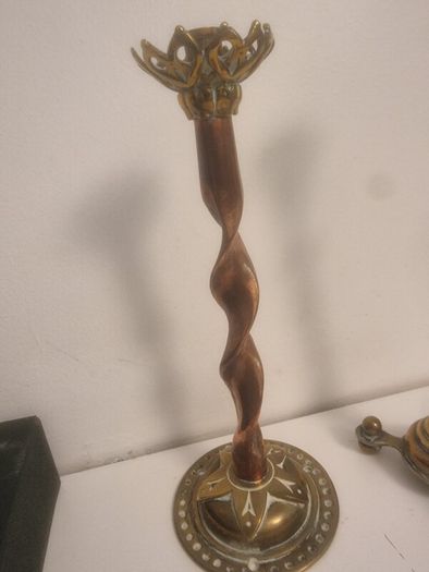 Two unusual gothic brass and copper candlesticks