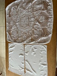 Lace table cloth and two vintage armchair covers