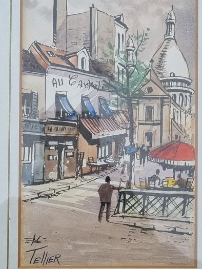 Original watercolor and ink by French artist Louis Tellier
