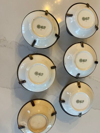 6 Christopher Dresser Antique Silver Plated & Royal Doulton Integrated Egg Cups