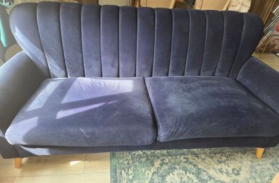 Navy velvet sofa, armchair & footstool set