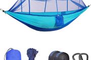 NEW SALE | Camping Hammock with Mosquito Net - Ultra Lightweight Durable Double/Single Travel Hammock 210T Parachute Nylon with Tree Straps 660lbs Capacity for Garden Camping Backpacking (Blue)