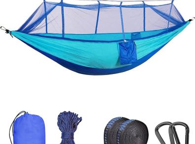 NEW SALE | Camping Hammock with Mosquito Net - Ultra Lightweight Durable Double/Single Travel Hammock 210T Parachute Nylon with Tree Straps 660lbs Capacity for Garden Camping Backpacking (Blue)