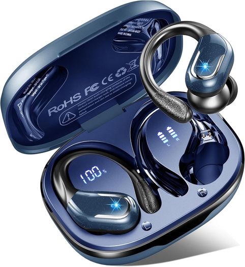 Rulefiss BX27 Bluetooth Headphones 5.4 Sport, 75-Hour Battery Life, Hi-Fi Stereo Deep Bass Wireless Earbuds, 4 ENC Noise-Cancelling Mics, IP7 Waterproof In-Ear with Ear Hooks, USB-C, LED Display