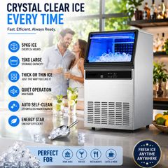 Commercial Ice Maker 59kg Per Day Stainless Steel Ice Machine with 15kg Storage for Home Bar Restaurant and Cafe