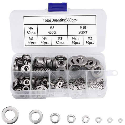 360pcs 9 Sizes 304 Stainless Steel Flat Washers Assortment Kit (M2 M2.5 M3 M4 M5 M6 M8 M10 M12) Suitable for Home Decorat