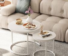 Set of 2 End Table, Nesting Tables, Side Table with Metal Frame for Living Room/Bedroom/Balcony/Office/Apartment, Diameter 23.6/15.7 IN White Frame, White Top