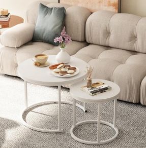 Set of 2 End Table, Nesting Tables, Side Table with Metal Frame for Living Room/Bedroom/Balcony/Office/Apartment, Diameter 23.6/15.7 IN White Frame, White Top