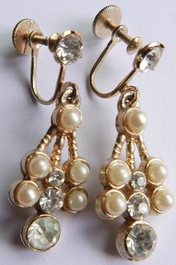 Vintage Earrings feature gold-tone screwback closures adorned with faux pearls and rhinestones