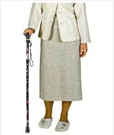 Folding Walking Stick, Black Floral