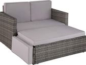 _Poly Rattan Lounge Set, 2-Seater Sofa with Backrest, Large Stool with Folding Support, Incl. Thick Cushions, Garden Furniture Set for Garden and Terrace