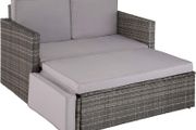 _Poly Rattan Lounge Set, 2-Seater Sofa with Backrest, Large Stool with Folding Support, Incl. Thick Cushions, Garden Furniture Set for Garden and Terrace
