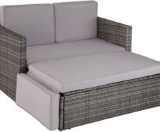 _Poly Rattan Lounge Set, 2-Seater Sofa with Backrest, Large Stool with Folding Support, Incl. Thick Cushions, Garden Furniture Set for Garden and Terrace