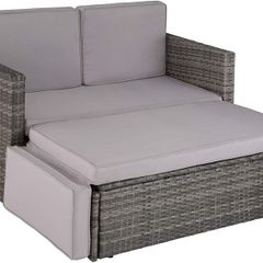 _Poly Rattan Lounge Set, 2-Seater Sofa with Backrest, Large Stool with Folding Support, Incl. Thick Cushions, Garden Furniture Set for Garden and Terrace