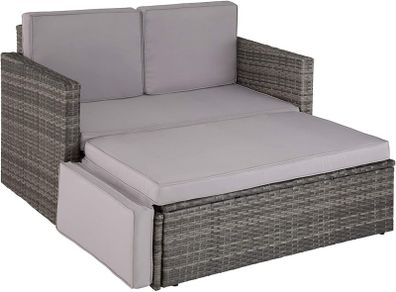 _Poly Rattan Lounge Set, 2-Seater Sofa with Backrest, Large Stool with Folding Support, Incl. Thick Cushions, Garden Furniture Set for Garden and Terrace