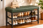 Shoe Storage Bench with Cushioned Seat  Faux Leather Entryway Bench